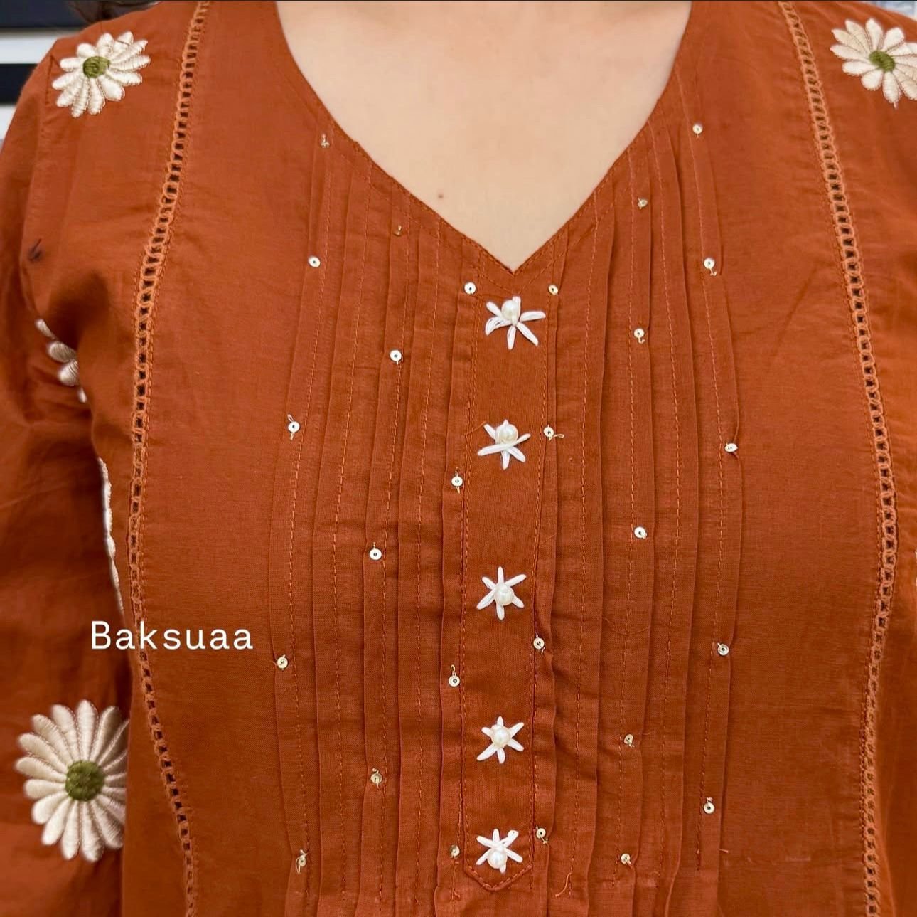 Brown Cotton Embroidered Kurti Set with Dupatta